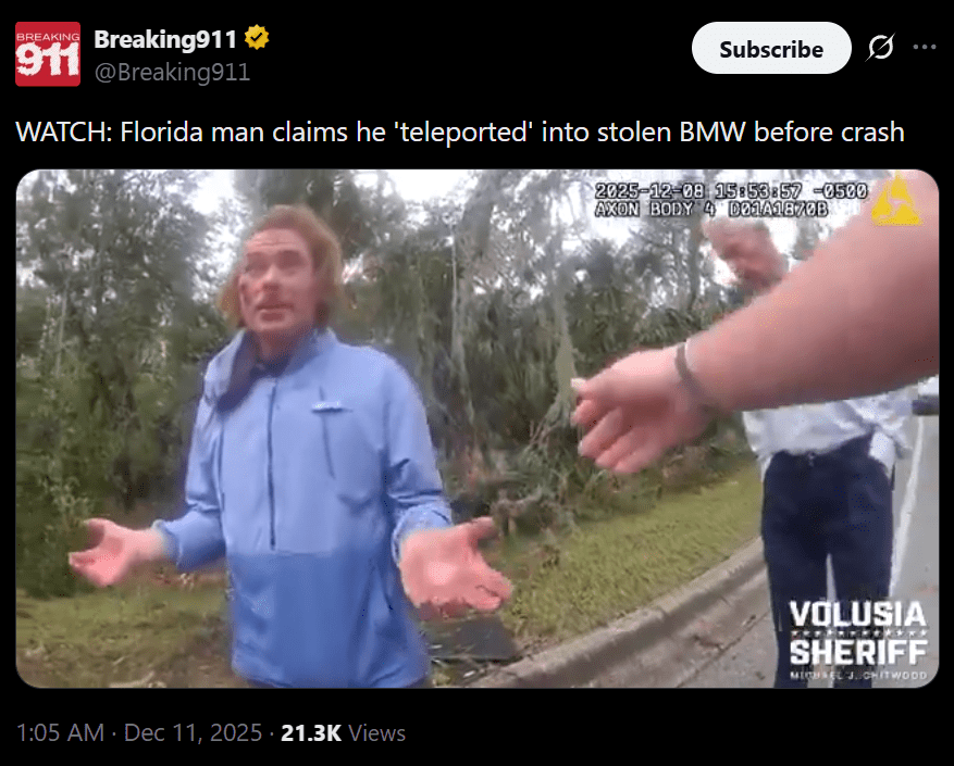Florida Man Says He Was Teleported After Crashing Allegedly Stolen BMW